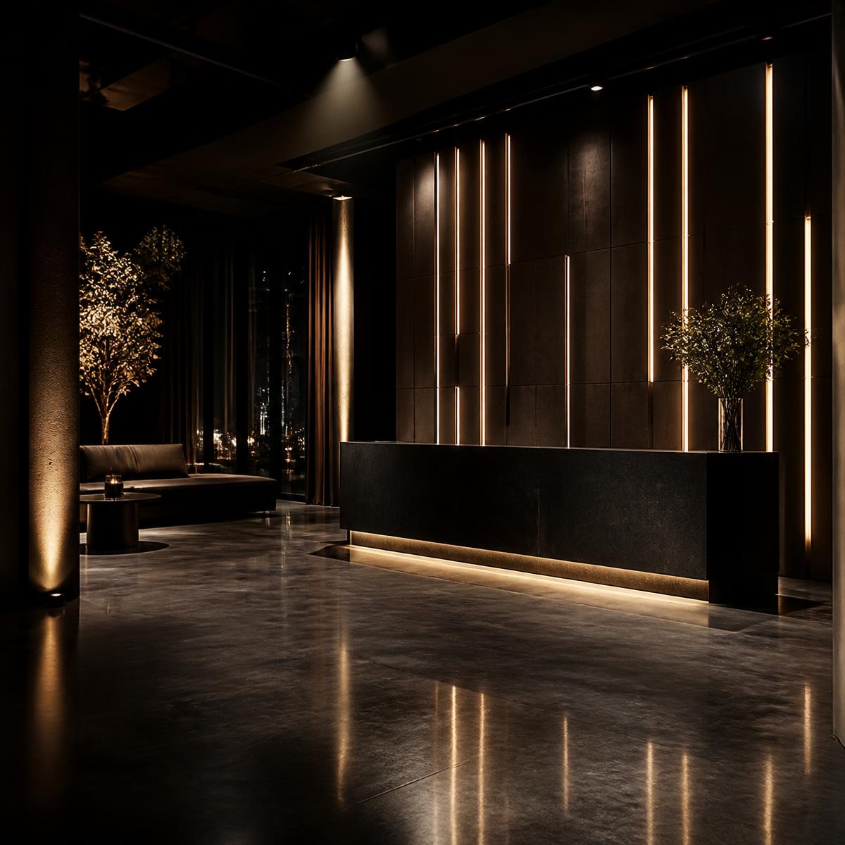 Dark, warmly lit premium event reception space